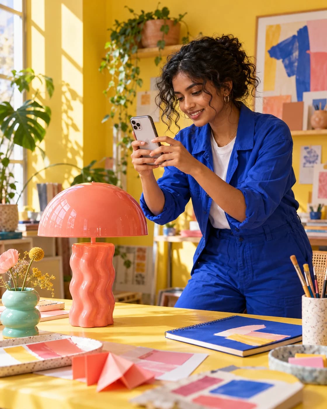 A fictional creator filming her coral sculptural lamp in a sunlit yellow studio